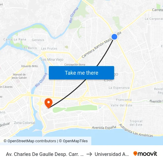 Av. Charles De Gaulle Desp. Carr. Mella to Universidad APEC map