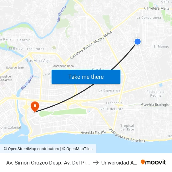Av. Simon Orozco Desp. Av. Del Progreso to Universidad APEC map