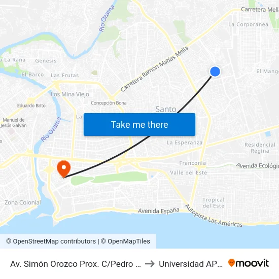 Av. Simón Orozco Prox. C/Pedro Mir to Universidad APEC map