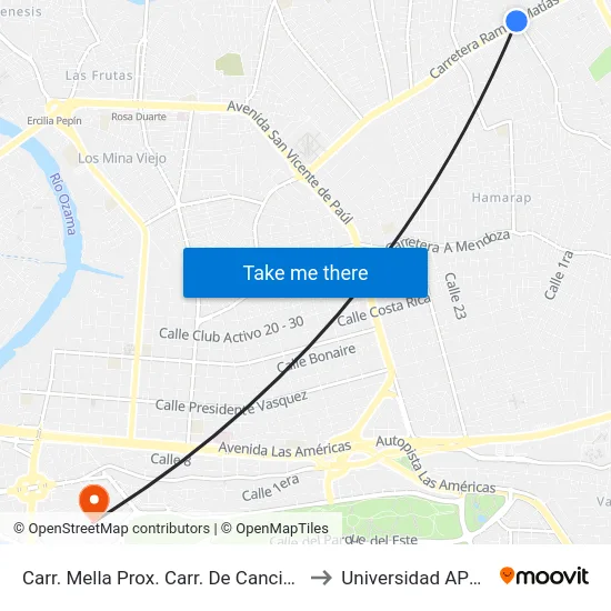 Carr. Mella Prox. Carr. De Cancino to Universidad APEC map