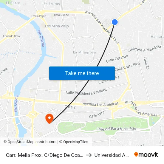 Carr. Mella Prox. C/Diego De Ocampo to Universidad APEC map