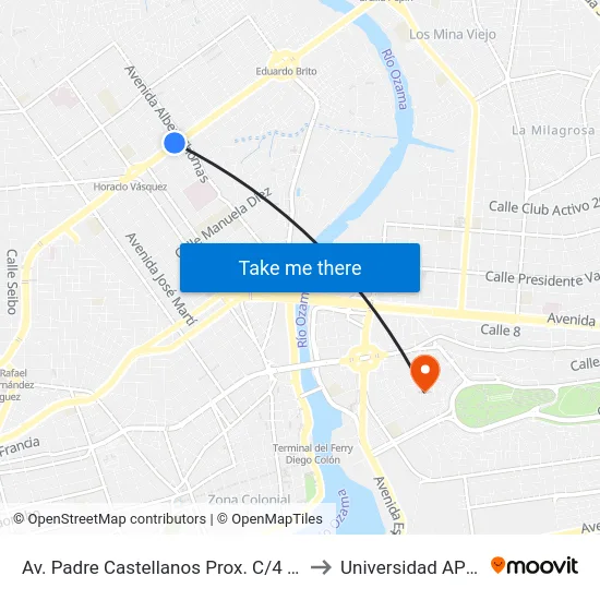 Av. Padre Castellanos Prox. C/4 Sur to Universidad APEC map