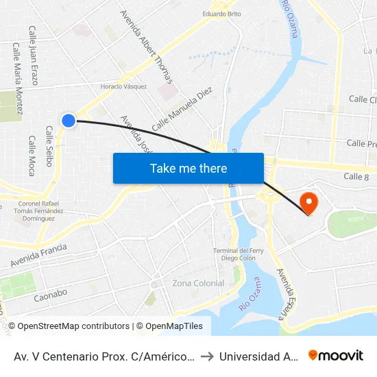 Av. V Centenario Prox. C/Américo Lugo to Universidad APEC map