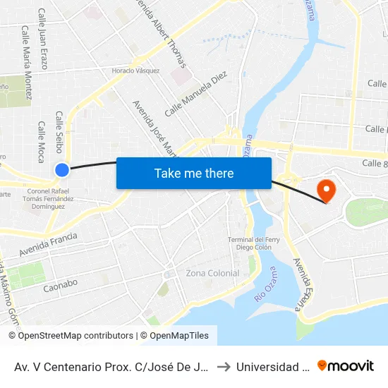 Av. V Centenario Prox. C/José De Jesús Ravelo to Universidad APEC map