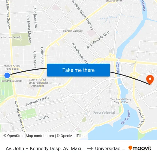 Av. John F. Kennedy Desp. Av. Máximo Gómez to Universidad APEC map