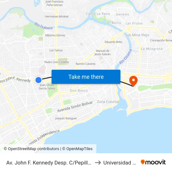 Av. John F. Kennedy Desp. C/Pepillo Salcedo to Universidad APEC map