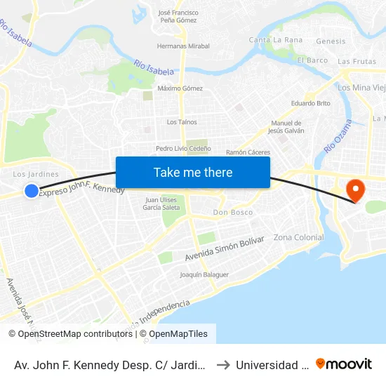 Av. John F. Kennedy Desp. C/ Jardines De Kyoto to Universidad APEC map