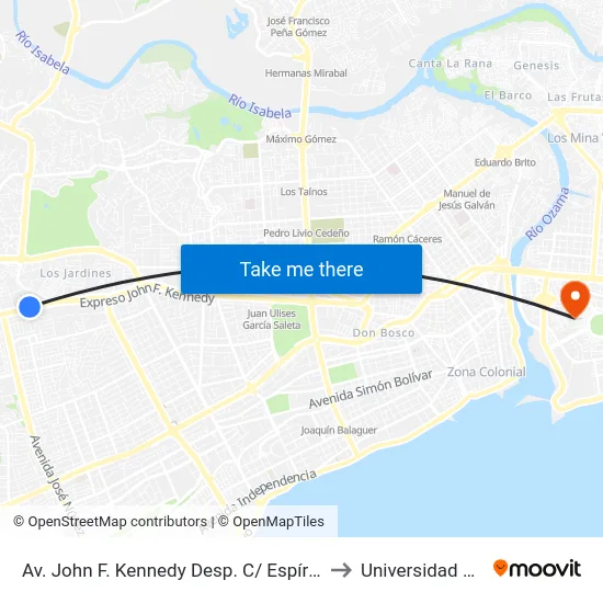Av. John F. Kennedy Desp. C/ Espíritu Santo to Universidad APEC map