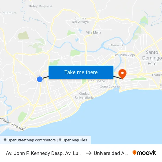 Av. John F. Kennedy Desp. Av. Luperón to Universidad APEC map