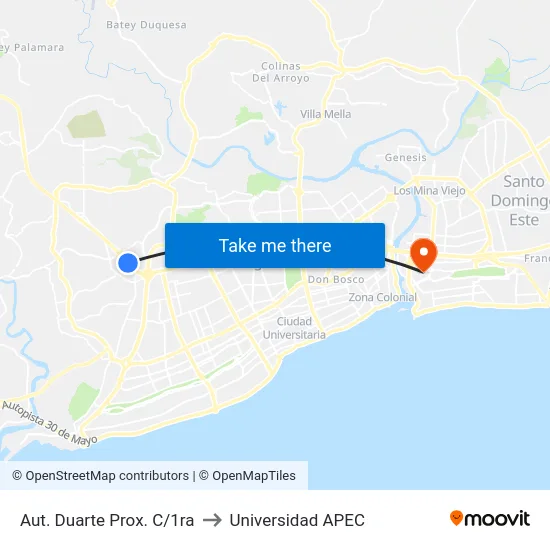 Aut. Duarte Prox. C/1ra to Universidad APEC map