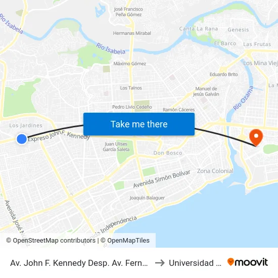 Av. John F. Kennedy Desp. Av. Fernando Defilló to Universidad APEC map