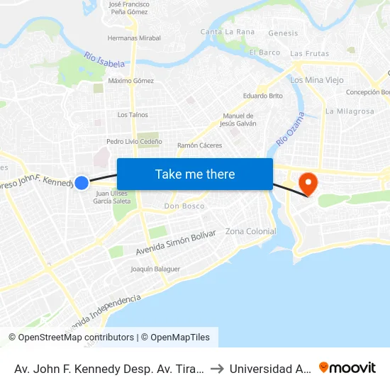 Av. John F. Kennedy Desp. Av. Tiradentes to Universidad APEC map