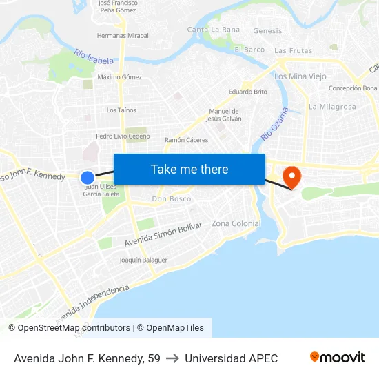 Avenida John F. Kennedy, 59 to Universidad APEC map