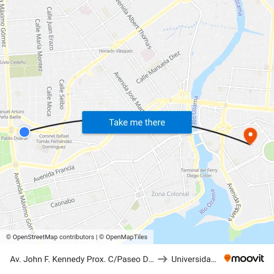 Av. John F. Kennedy Prox. C/Paseo De Los Ferreteros to Universidad APEC map