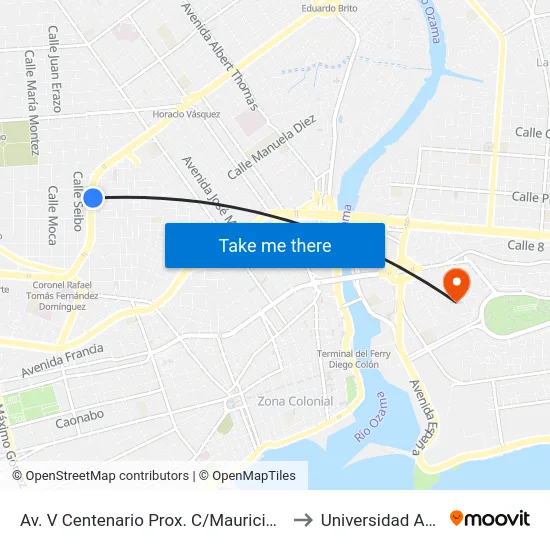 Av. V Centenario Prox. C/Mauricio Baez to Universidad APEC map