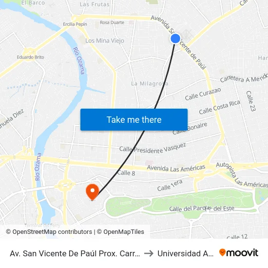 Av. San Vicente De Paúl Prox. Carr. Mella to Universidad APEC map