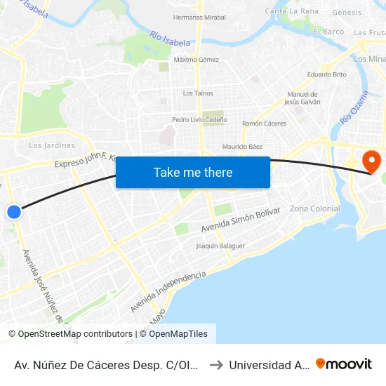 Av. Núñez De Cáceres Desp. C/Olof Palme to Universidad APEC map