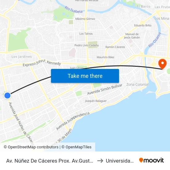 Av. Núñez De Cáceres Prox. Av.Gustavo Mejia Ricart to Universidad APEC map