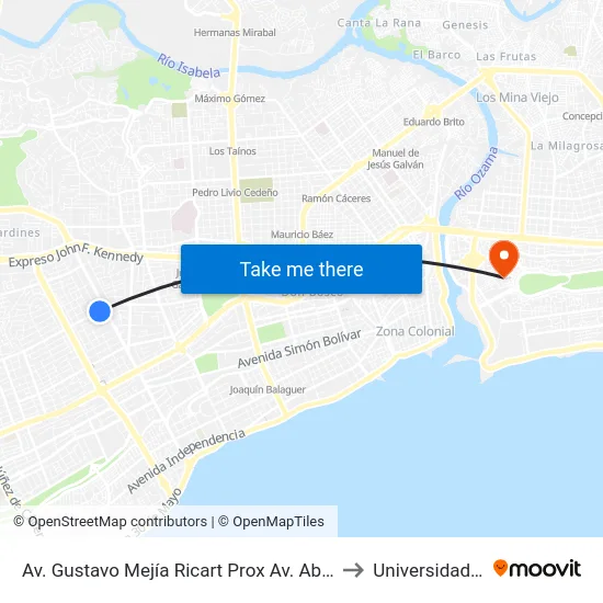 Av. Gustavo Mejía Ricart Prox Av. Abraham Lincoln to Universidad APEC map