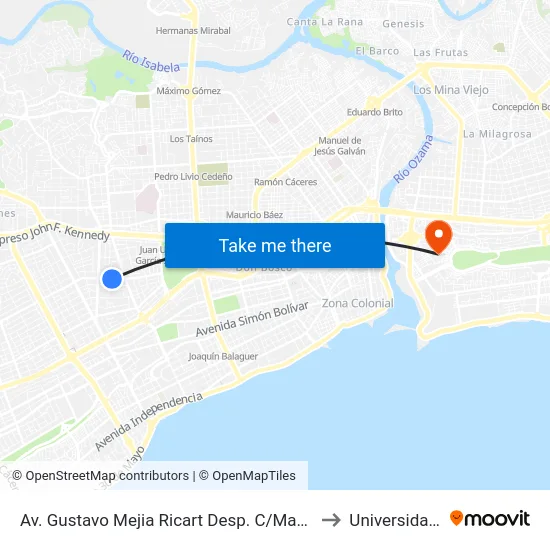 Av. Gustavo Mejia Ricart Desp. C/Manuel De Jesús Goico to Universidad APEC map