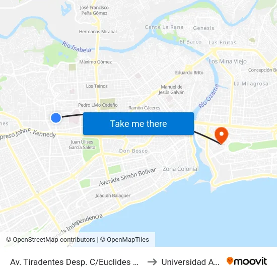 Av. Tiradentes Desp. C/Euclides Morillo to Universidad APEC map