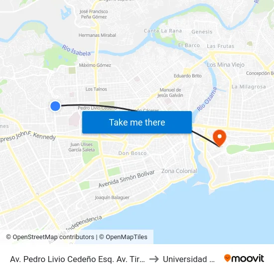 Av. Pedro Livio Cedeño Esq. Av. Tiradentes to Universidad APEC map