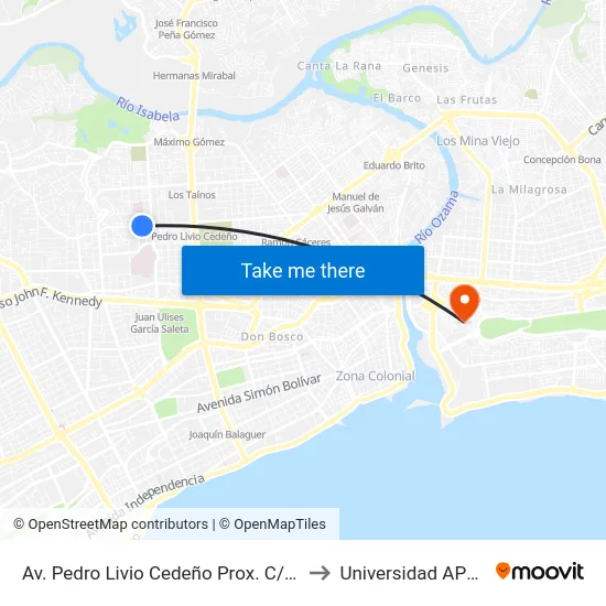 Av. Pedro Livio Cedeño Prox. C/39 to Universidad APEC map