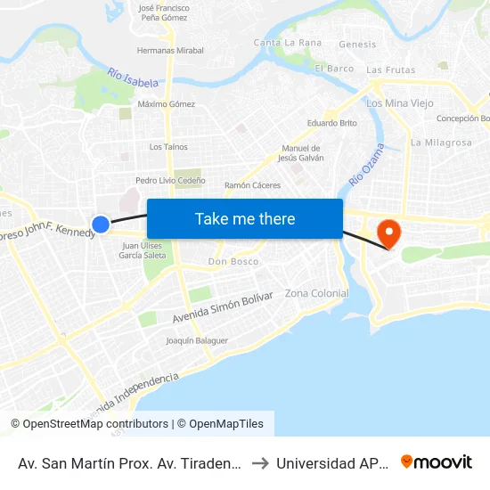 Av. San Martín Prox. Av. Tiradentes to Universidad APEC map
