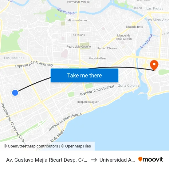 Av. Gustavo Mejía Ricart Desp. C/Mencia to Universidad APEC map