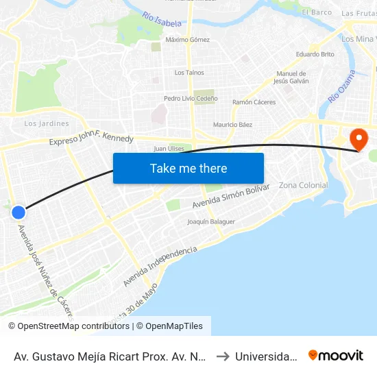 Av. Gustavo Mejía Ricart Prox. Av. Nunez De Caceres to Universidad APEC map