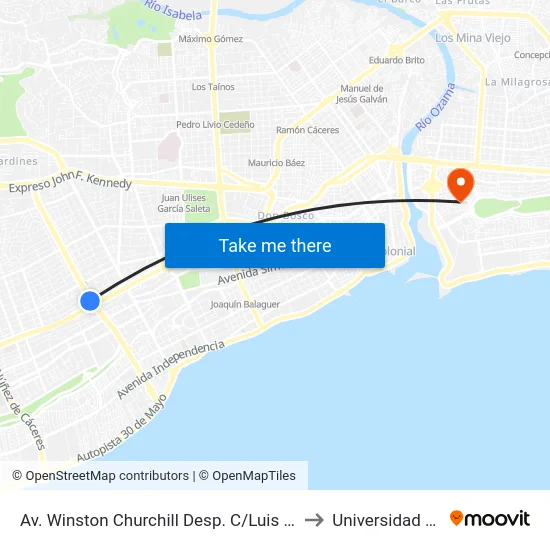 Av. Winston Churchill Desp. C/Luis F. Thomen to Universidad APEC map