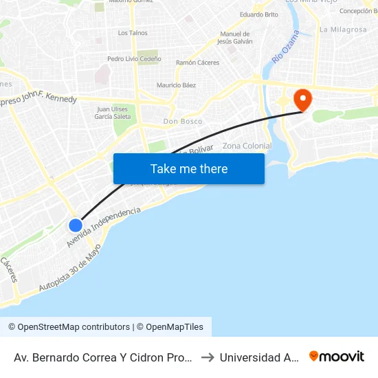 Av. Bernardo Correa Y Cidron Prox. C/7 to Universidad APEC map