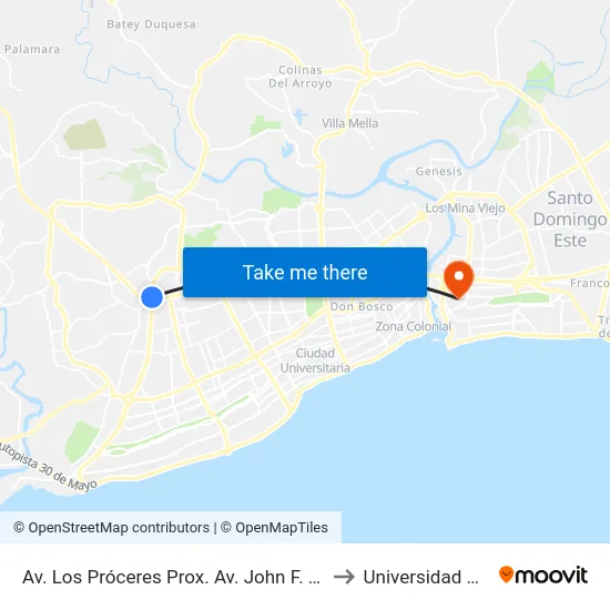 Av. Los Próceres Prox. Av. John F. Kennedy to Universidad APEC map