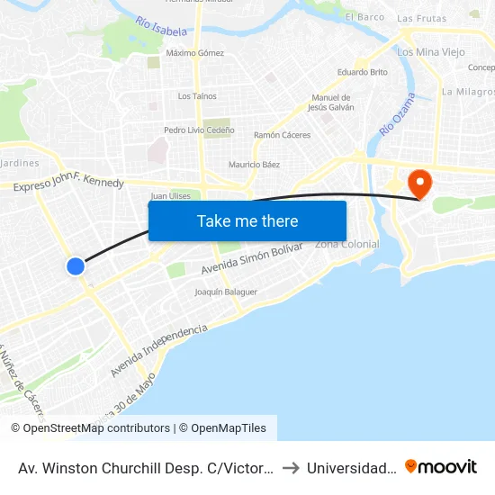 Av. Winston Churchill Desp. C/Victor Garrido Puello to Universidad APEC map