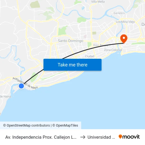 Av. Independencia Prox. Callejon Los Mendez to Universidad APEC map