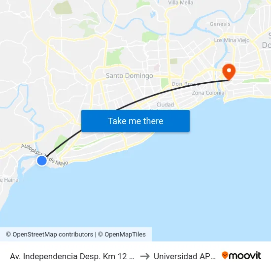 Av. Independencia Desp. Km 12 1/2 to Universidad APEC map