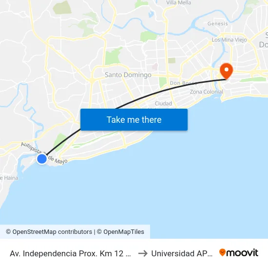 Av. Independencia Prox. Km 12 1/2 to Universidad APEC map