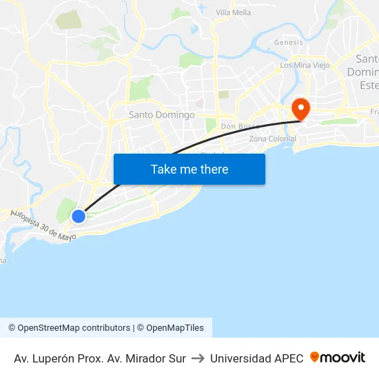 Av. Luperón Prox. Av. Mirador Sur to Universidad APEC map