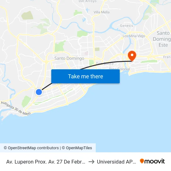 Av. Luperon Prox. Av. 27 De Febrero to Universidad APEC map