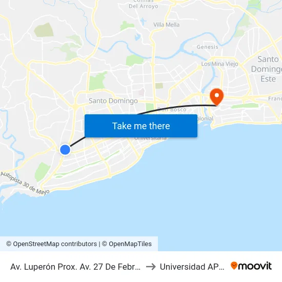 Av. Luperón Prox. Av. 27 De Febrero to Universidad APEC map