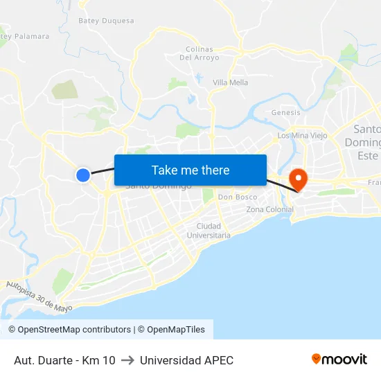 Aut. Duarte - Km 10 to Universidad APEC map