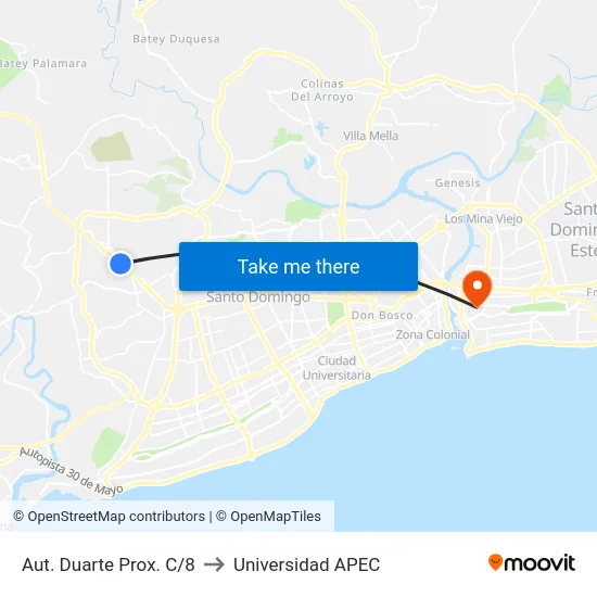 Aut. Duarte Prox. C/8 to Universidad APEC map