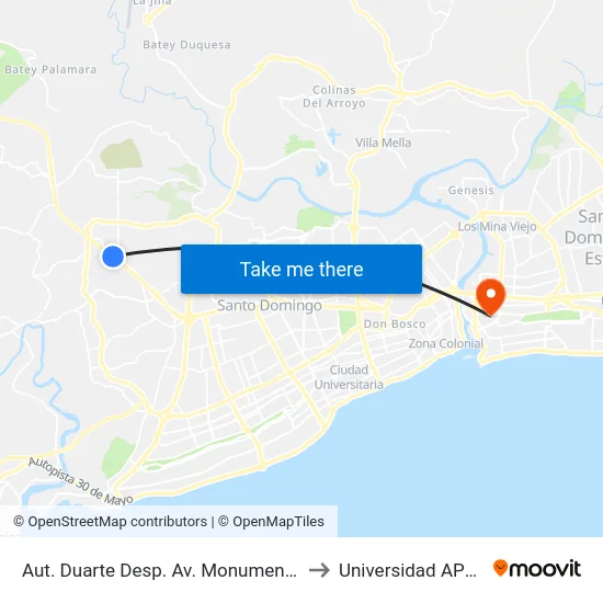 Aut. Duarte Desp. Av. Monumental to Universidad APEC map