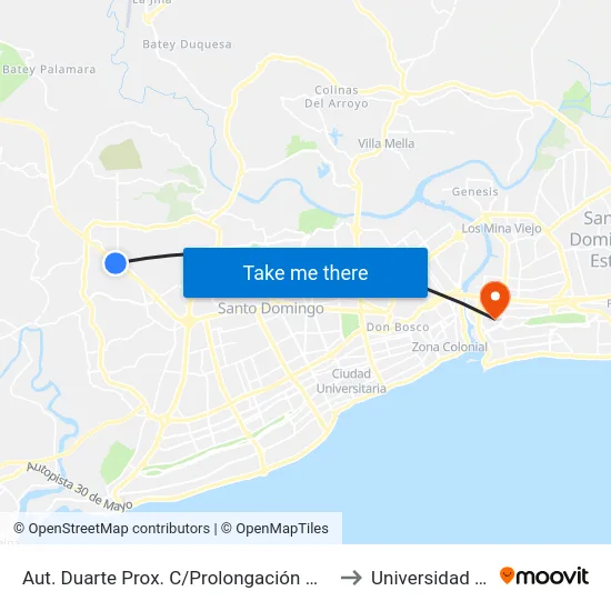 Aut. Duarte Prox. C/Prolongación Monumental to Universidad APEC map