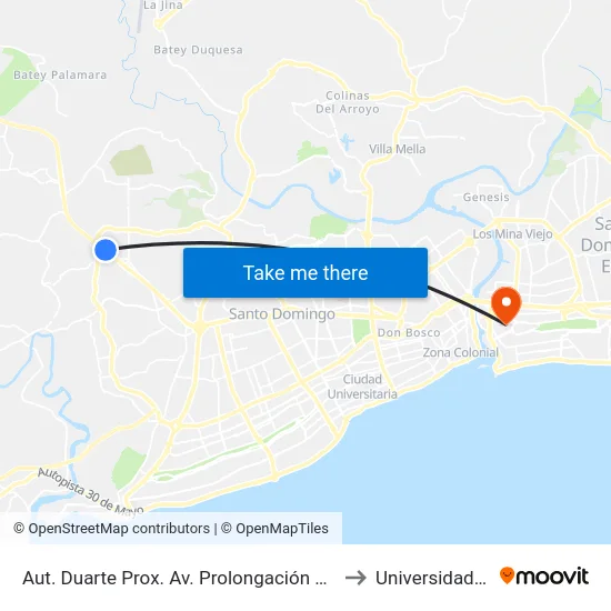 Aut. Duarte Prox. Av. Prolongación 27 De Febrero to Universidad APEC map