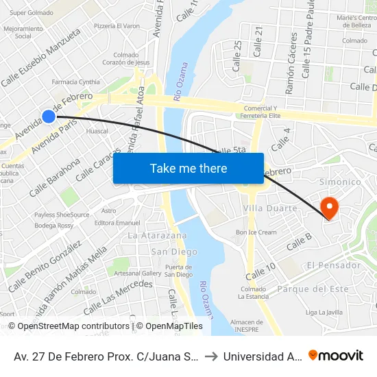 Av. 27 De Febrero Prox. C/Juana Saltitopa to Universidad APEC map
