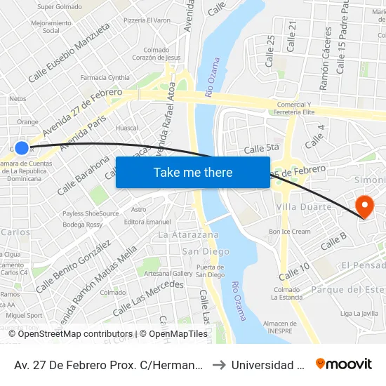 Av. 27 De Febrero Prox. C/Hermanos Pinzón to Universidad APEC map