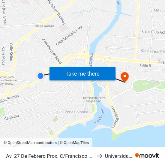 Av. 27 De Febrero Prox. C/Francisco Henríquez Y Carvajal to Universidad APEC map