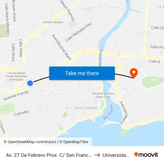 Av. 27 De Febrero Prox. C/ San Francisco De Macorís to Universidad APEC map