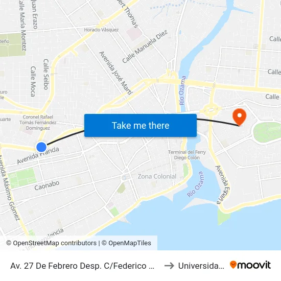 Av. 27 De Febrero Desp. C/Federico Henríquez Y Carvajal to Universidad APEC map